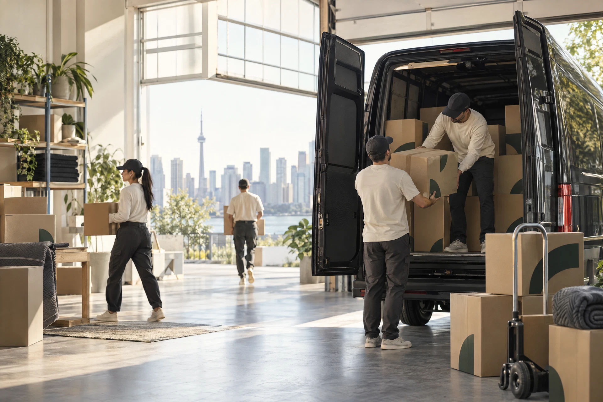 Moving team organizing kraft moving boxes beside a delivery van
