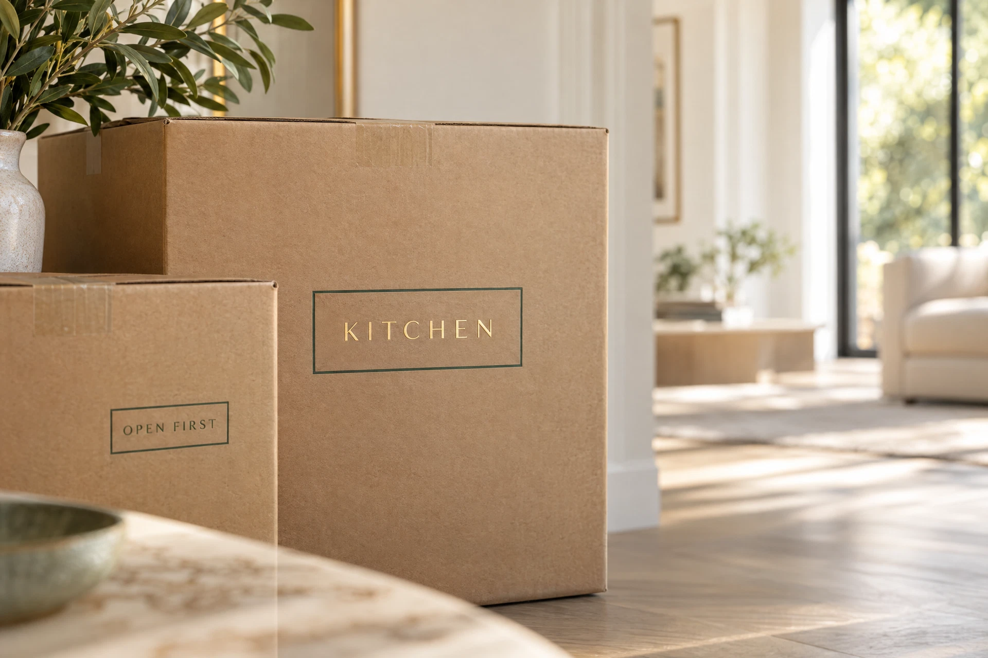 Natural kraft moving boxes with custom room stamping
